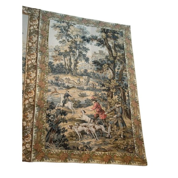 Vintage Aubusson Jaquar Tapestry, 1970s King Hunting Party Carriage Castle Sceni - Picture 3 of 3